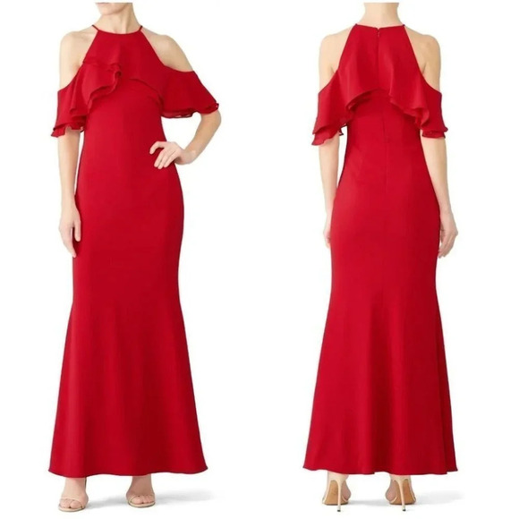 Badgley Mischka Red Crossover Ruffle Formal Gown $770